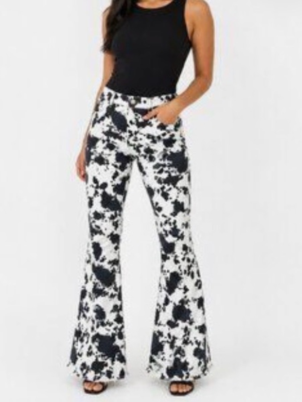 Peach Love Cow Print Flare Jeans Black White Western Bell Bottom Stretchy Small